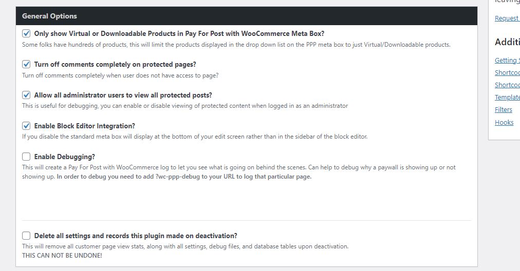 Opciones Adicionales a proteger Pay For Post en WordPress